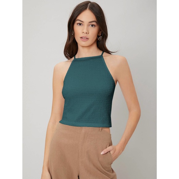 ruched SMOCKED DRAWSTRING backless CAMI crop TOP black - Picture 5 of 11